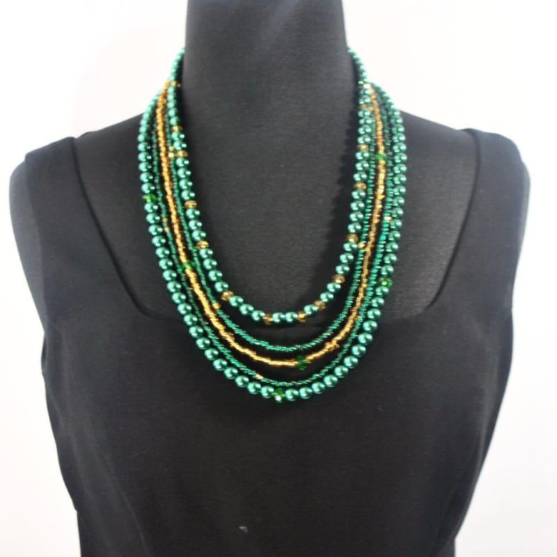 Four Strands Green and Gold Glass Pearls Necklace - Handmade