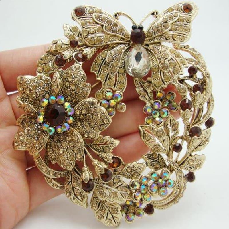 Free Shipping 3.85 Vintage Style Butterfly Flower Brooch Pin Pendant Brown Austrian Crystal Rhinestone - Default title - brooch