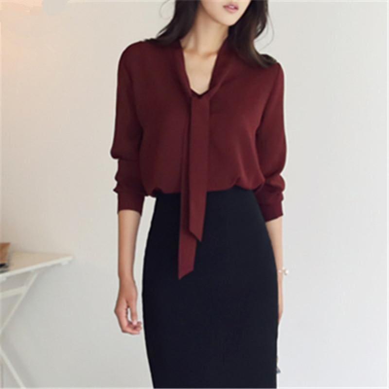 Front Tie Loose Chiffon Solid Color Blouse - red / L - Short Sleeve
