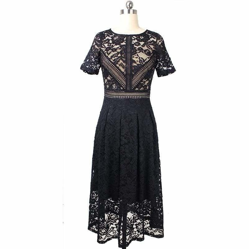 Full Floral Lace Contrast Patchwork Flare Swing Skater A-Line Midi Dress - Midi Dress