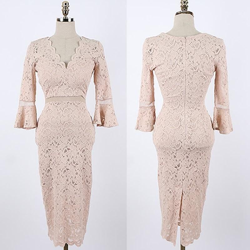 Full Lace Vestidos V-Neck Flare Sleeve Pencil Knee-Length Midi Dress - TeresaCollections