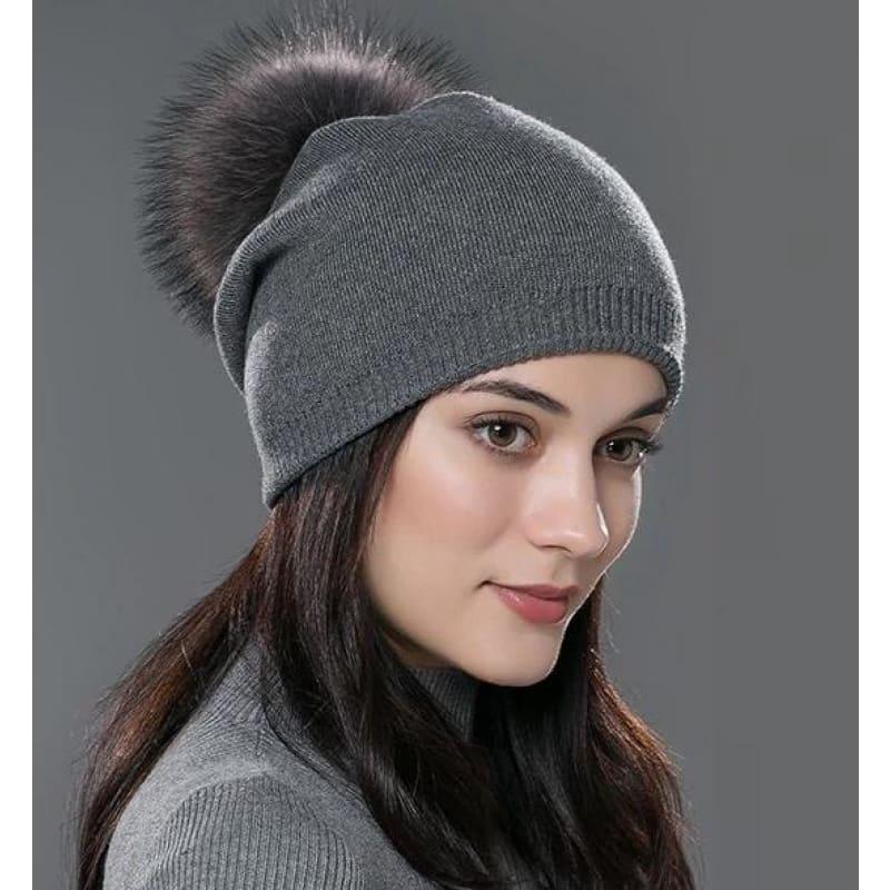 Fur Pom Pom Wool Knitted Thick Warm Beanies Hats - 03C - Hats