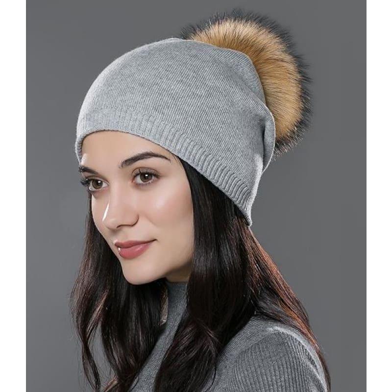 Fur Pom Pom Wool Knitted Thick Warm Beanies Hats - 08D - Hats
