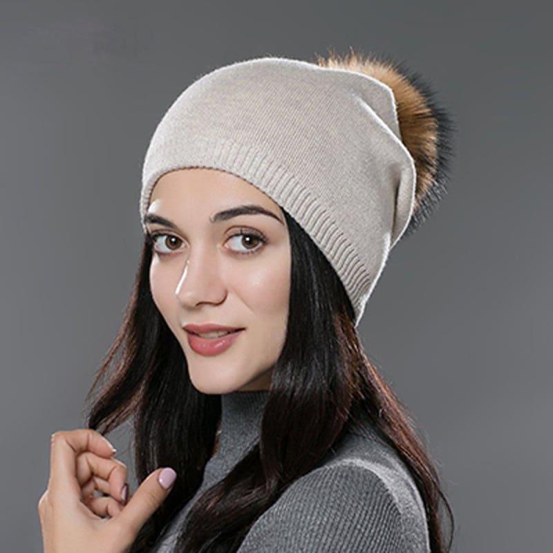 Fur Pom Pom Wool Knitted Thick Warm Beanies Hats - 09D - Hats