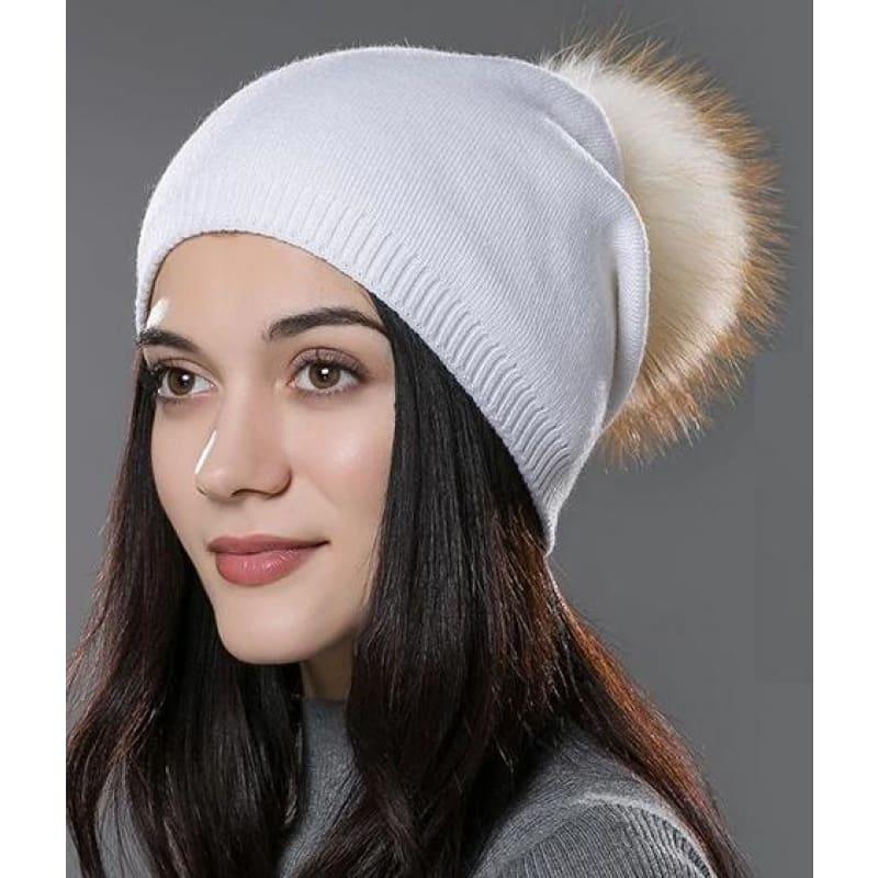 Fur Pom Pom Wool Knitted Thick Warm Beanies Hats - Hats