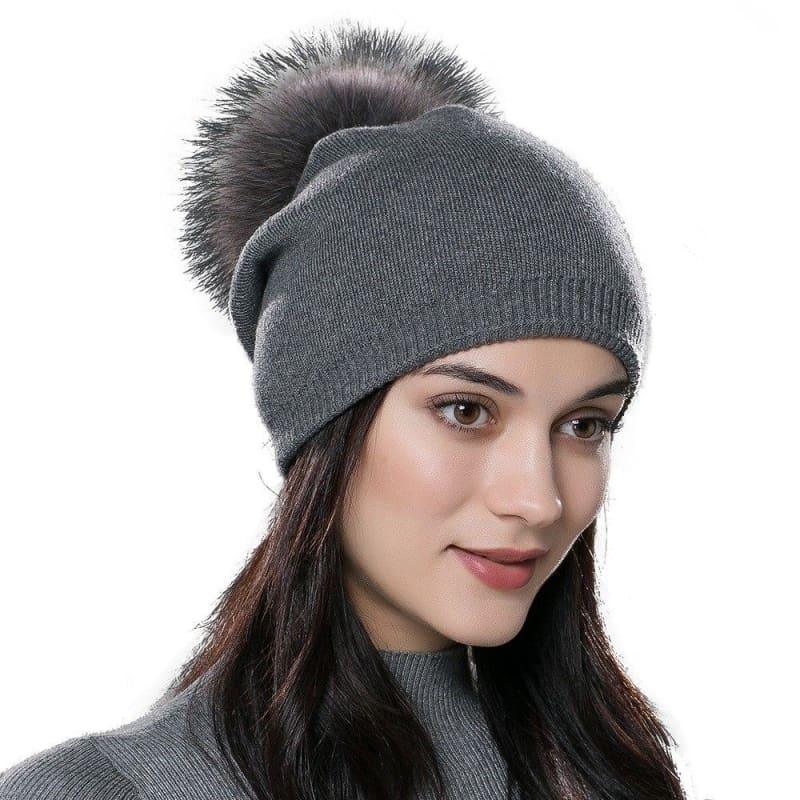 Fur Pom Pom Wool Knitted Thick Warm Beanies Hats - Hats