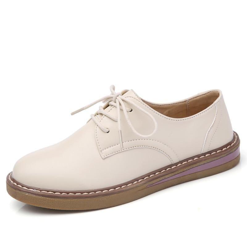 Genuine Leather Breathable Lace Up Oxford Flats - TeresaCollections