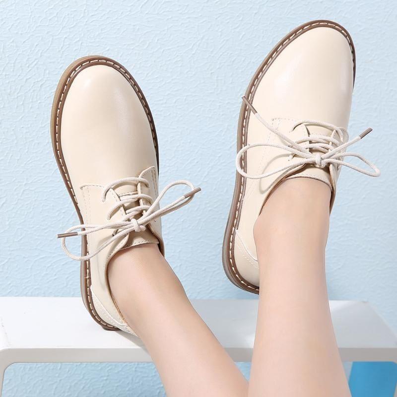 Genuine Leather Breathable Lace Up Oxford Flats - TeresaCollections