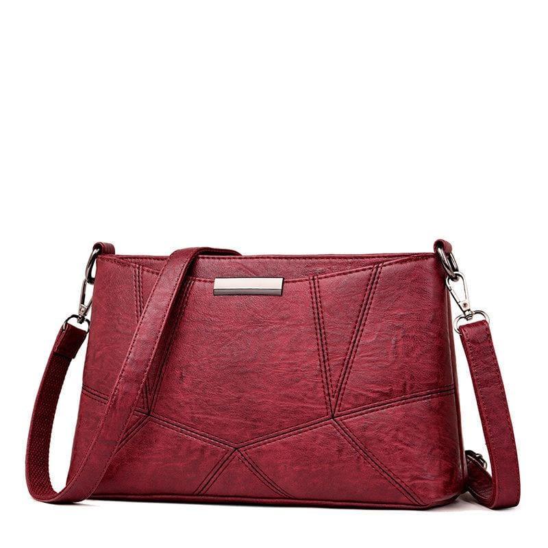 Genuine Leather Handbags Pigskin Patchwork Flap Crossbody Bag - Red wine - HandBag
