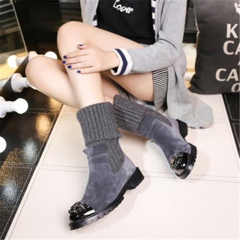 Genuine Leather Suede Sock Booties With Crystal Embellished Metal Toe Boots - as picture / 35 - Boots