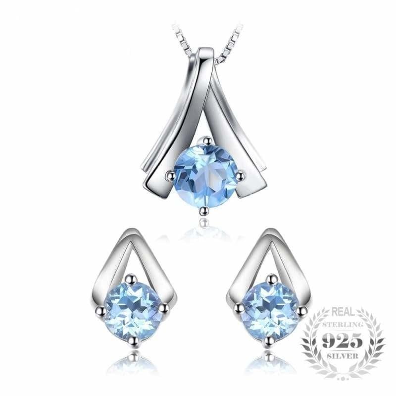 Genuine Sky Blue Topaz Pendant Necklace and Stud Earrings Women Jewelry Sets - jewelry set