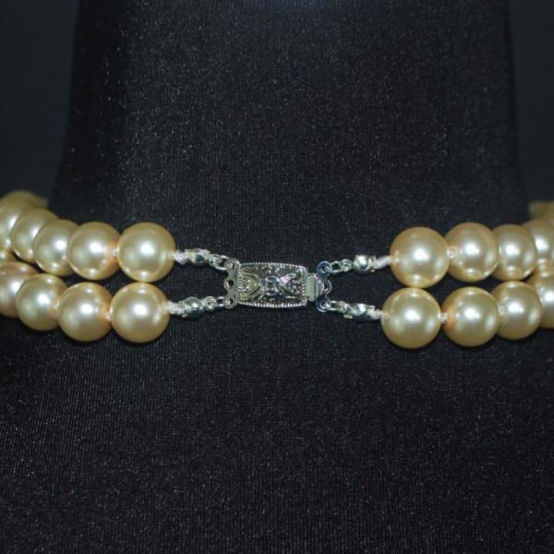 Glass Pearls Double Strands With Crystal Ascent Necklace - Handmade