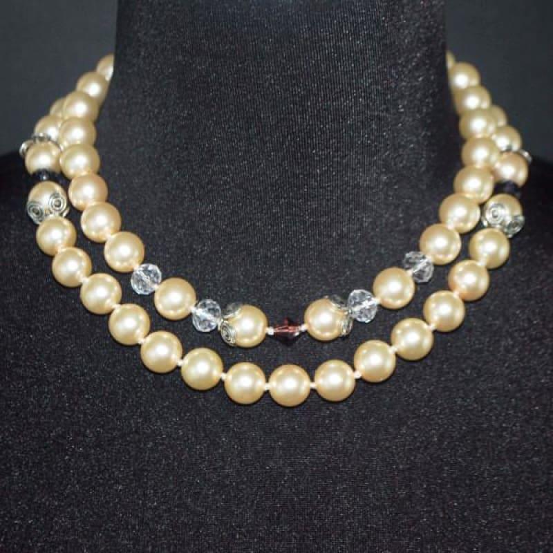 Glass Pearls Double Strands With Crystal Ascent Necklace - TeresaCollections