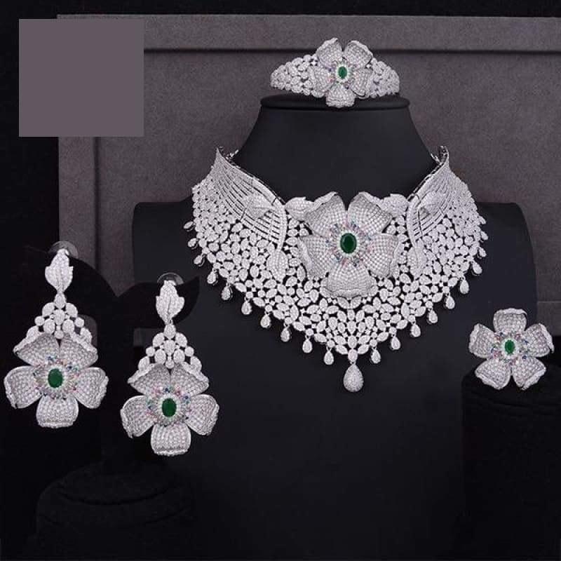 GODKI Luxury Cubic Zircon Nigerian Jewelry sets - Silver Green / Resizable