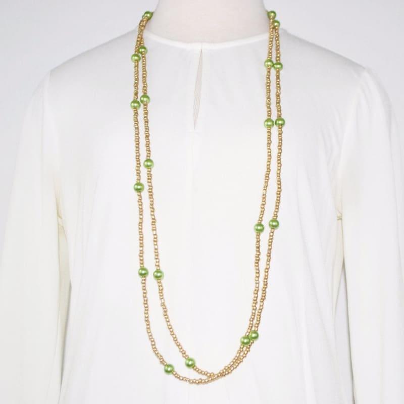 Gold And Green Glass Pearls Ascent Rope Necklace - Handmade