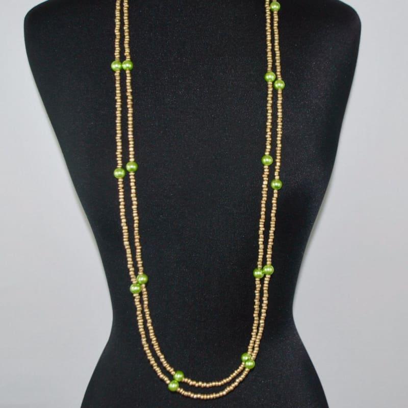 Gold And Green Glass Pearls Ascent Rope Necklace - Handmade