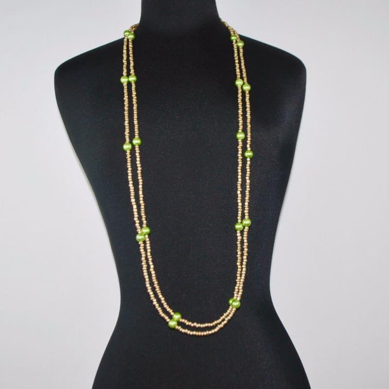 Gold And Green Glass Pearls Ascent Rope Necklace - Handmade