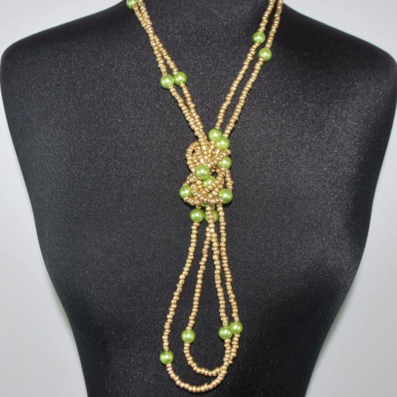 Gold And Green Glass Pearls Ascent Rope Necklace - Handmade