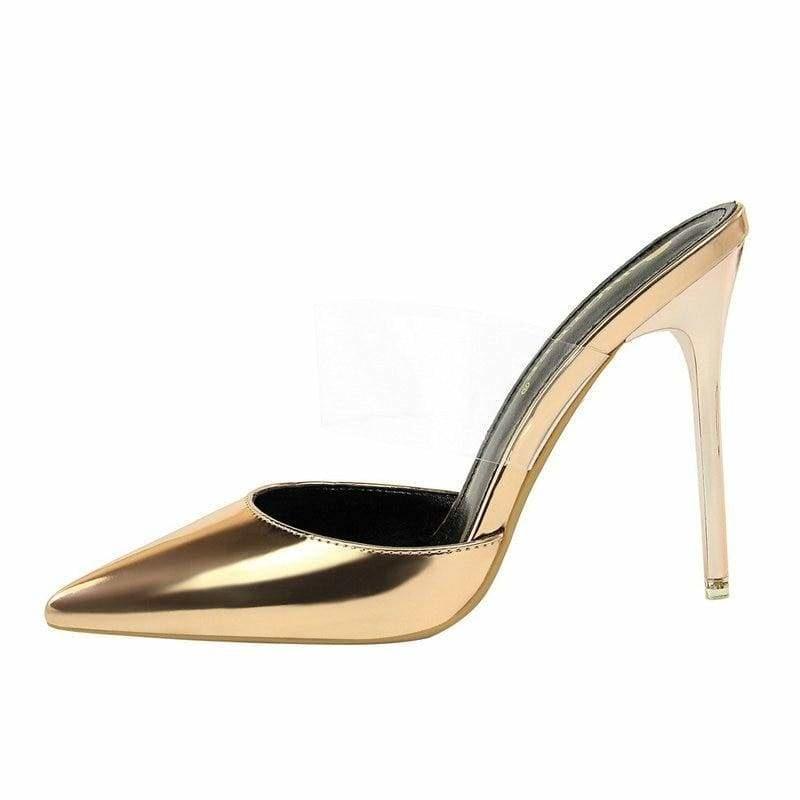 Gold Metallic Patent Leather Mule Sandals - 35 - sandals