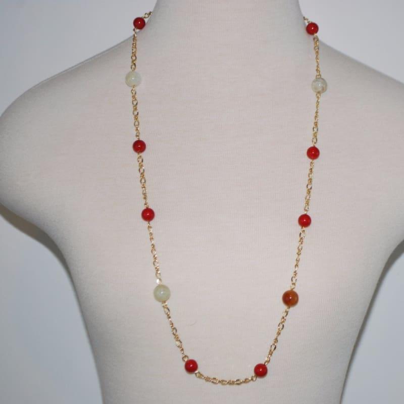 Gold Platted Red Shell Jade Necklace - Handmade