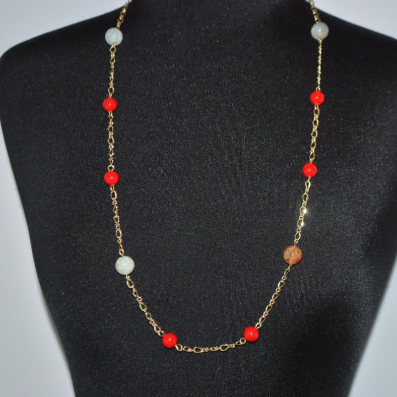 Gold Platted Red Shell Jade Necklace - Handmade