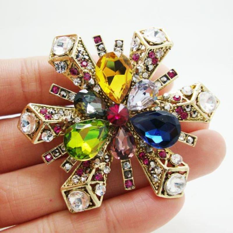 Gold Tone Classic Snowflake Flower Pendant Brooch Colorful Rhinestone Crystal - brooch