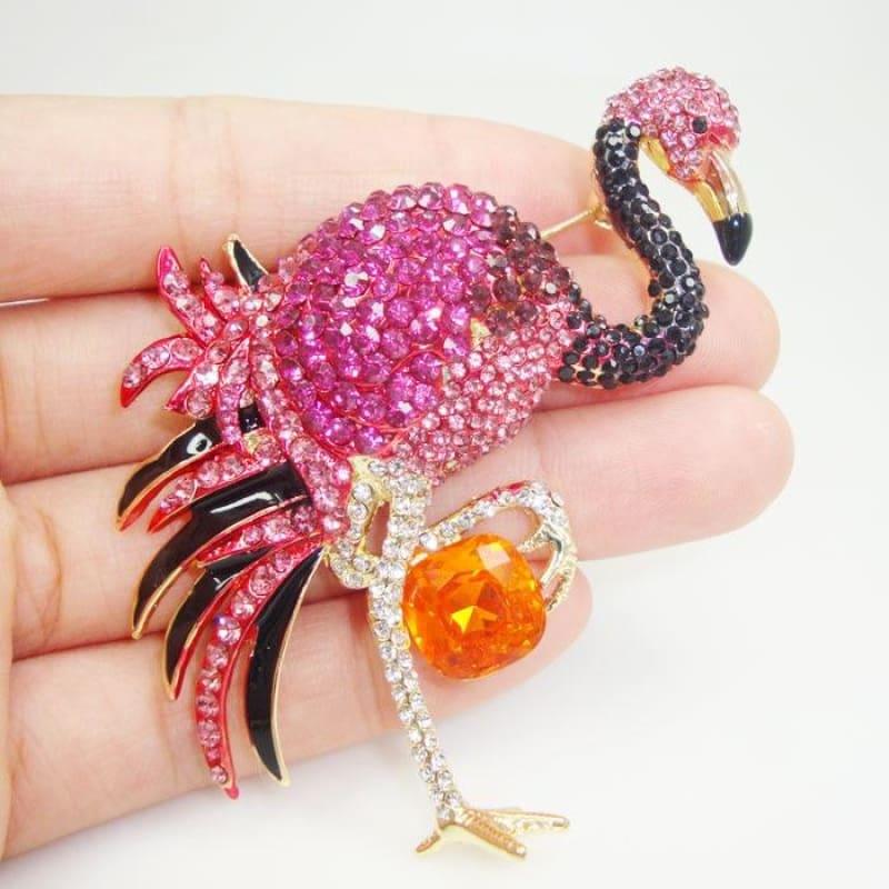 Gold-Tone Elegant Pink Flamingo Bird Brooch Pin Austrians Crystal Woman Jewelry - brooch