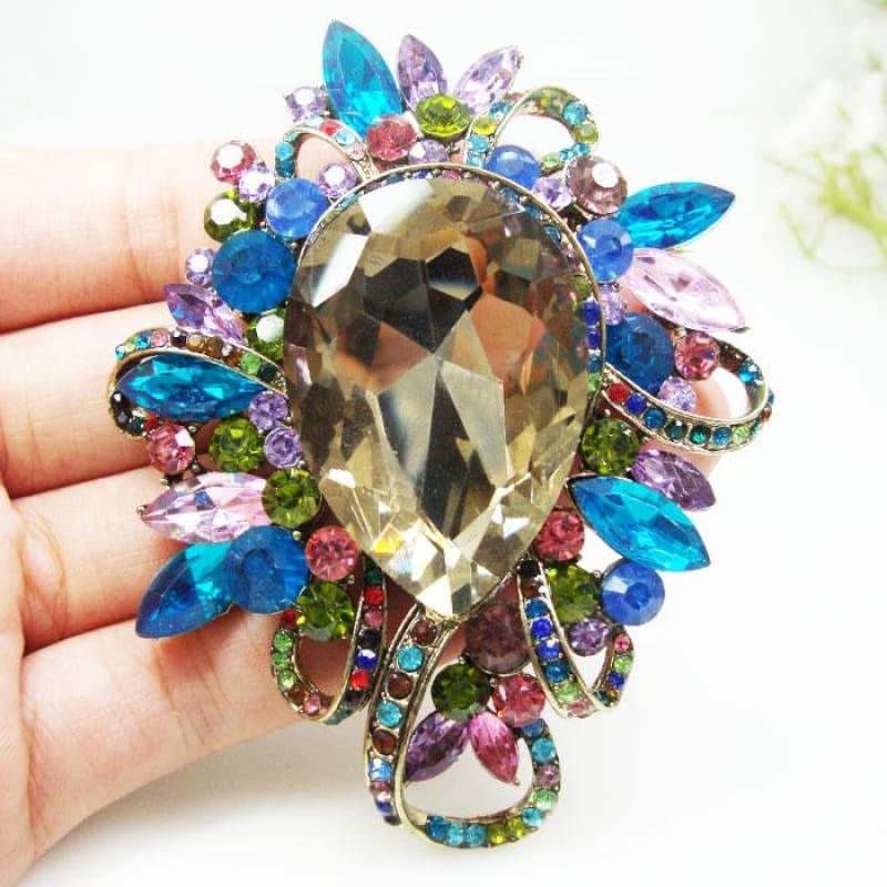Gold Tone Flower Drop Pendant Woman Brooch Pin Multi-color Rhinestone Crystal Gifts - brooch
