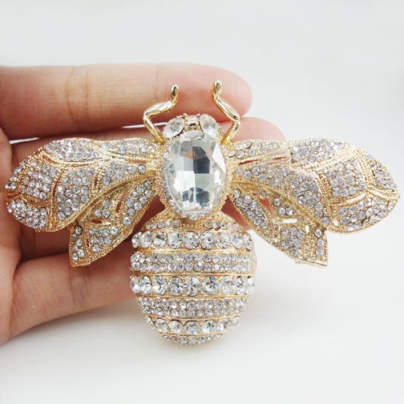 Gold Tone Vintage Bee Insect Pendant Woman Brooch Clear Austrian Crystal - Brooch