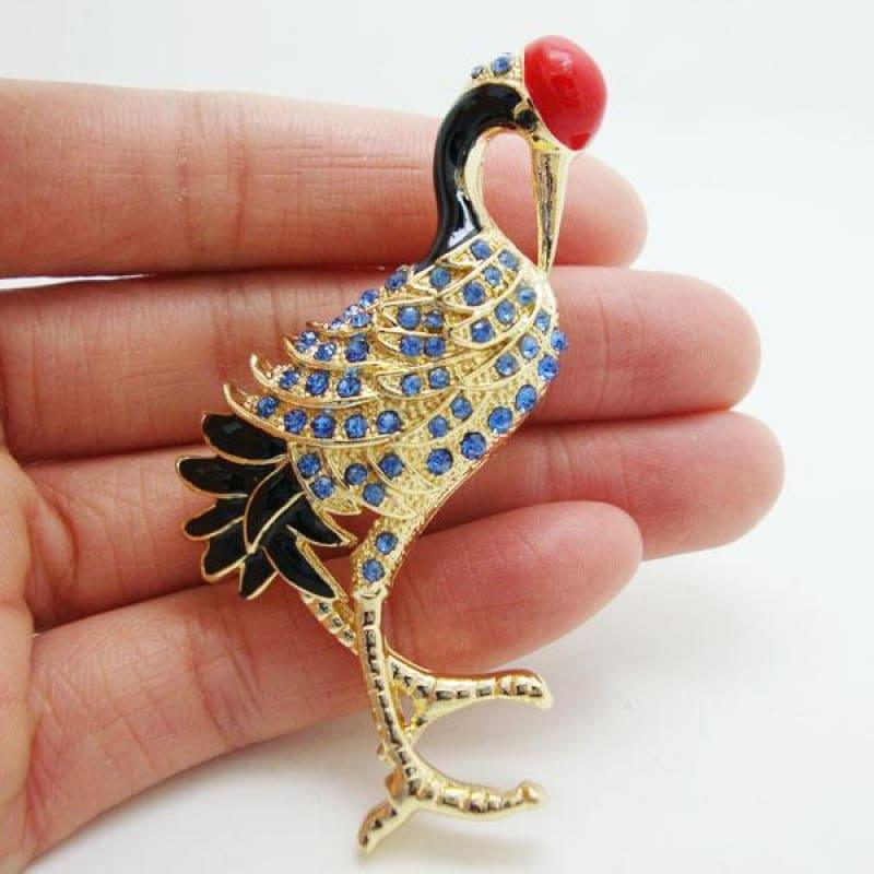 Gorgeous Blue Bird Red-crowned Crane Rhinestone Crystal Gold Tone Brooch Pin - brooch
