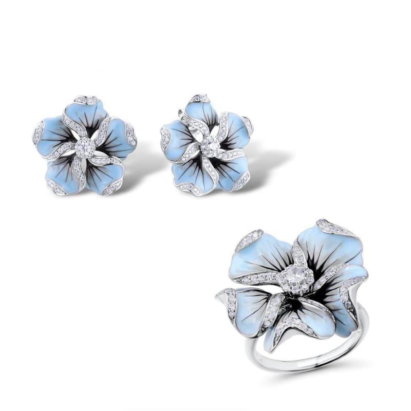 Gorgeous Blue Flower Ring Earrings Fashion Trendy Jewelry Set - 6.5 - jewelry set