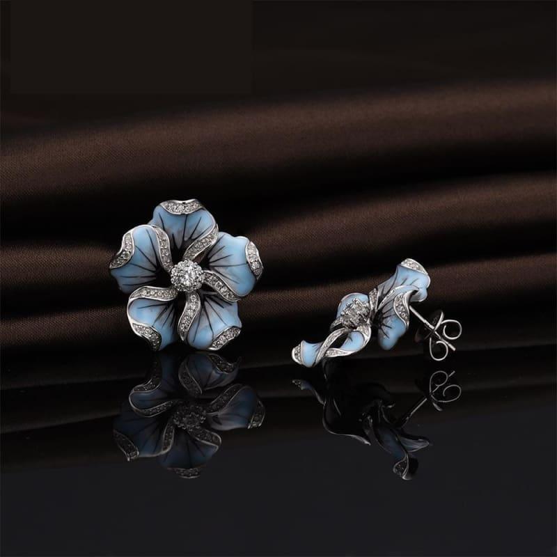 Gorgeous Blue Flower Ring Earrings Fashion Trendy Jewelry Set - jewelry set