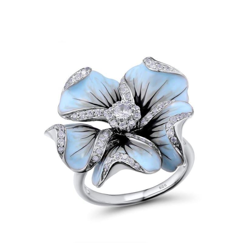 Gorgeous Blue Flower Ring Earrings Fashion Trendy Jewelry Set - jewelry set
