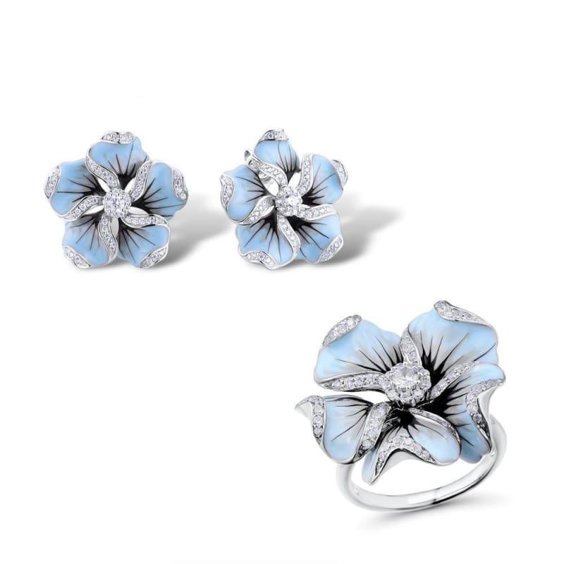 Gorgeous Blue Flower Ring Earrings Fashion Trendy Jewelry Set - jewelry set