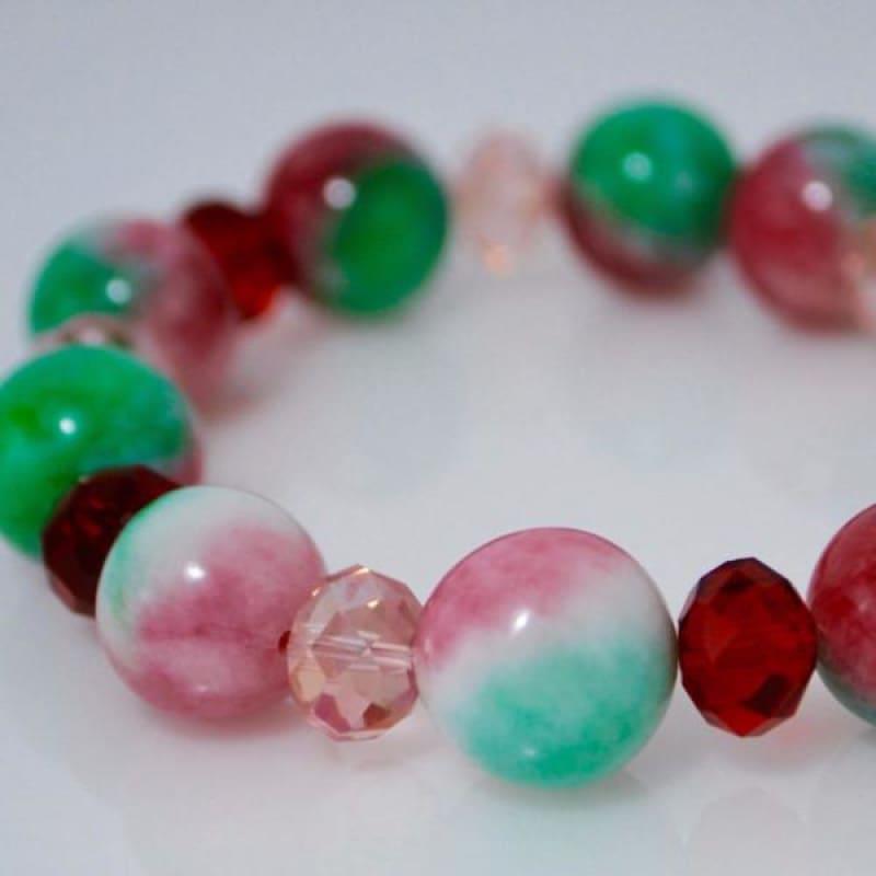 Green And Red Jade With Pink Crystals Bracelets - Handmade