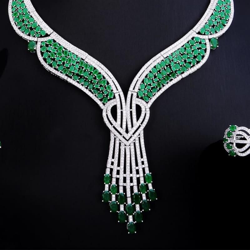 Green Butterfly Flower 4PCS Wedding Zircon Crystal CZ Bridal Lariat Necklace Jewelry Set - Jewelry Set