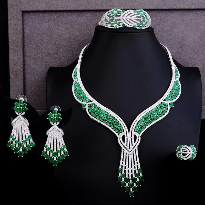 Green Butterfly Flower 4PCS Wedding Zircon Crystal CZ Bridal Lariat Necklace Jewelry Set - Jewelry Set