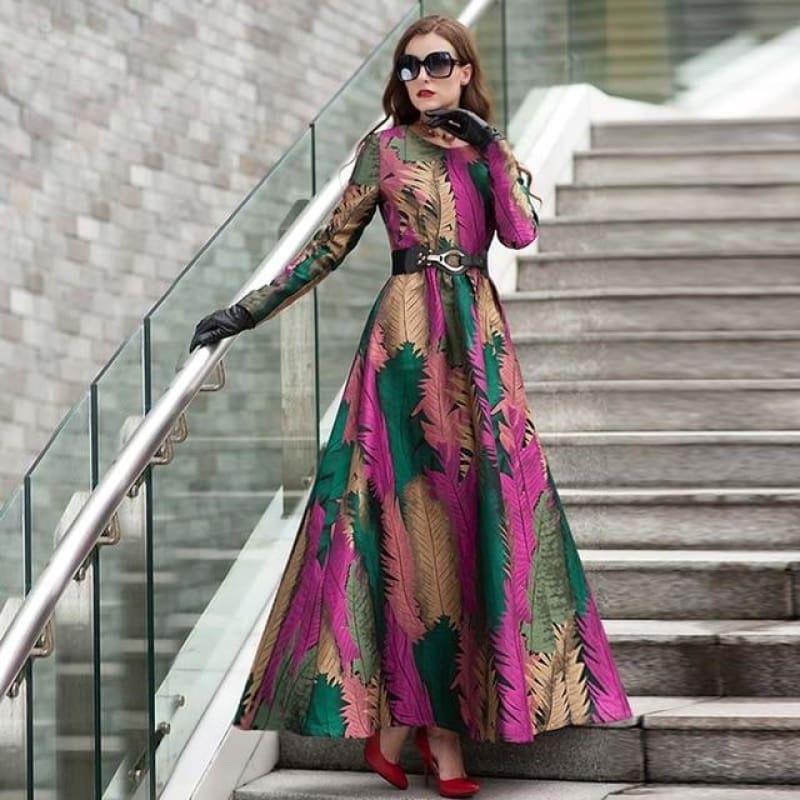 Green Fall Leave Patern Boho Long Sleeves Fashion Dress Floral Jacquard Winter Formal Maxi Dress - TeresaCollections