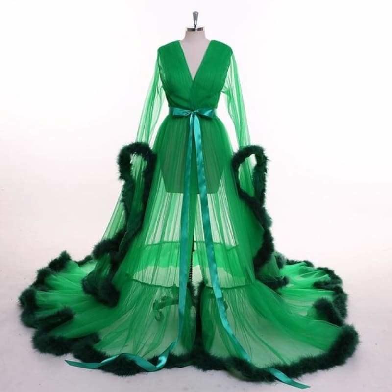 Green Feather Long Sleeve Tulle Evening Dress - gown
