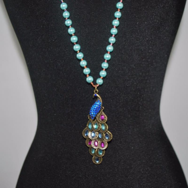 Green Peacock Pendant Glass Pearls Necklace - Handmade