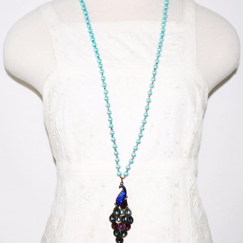 Green Peacock Pendant Glass Pearls Necklace - Handmade