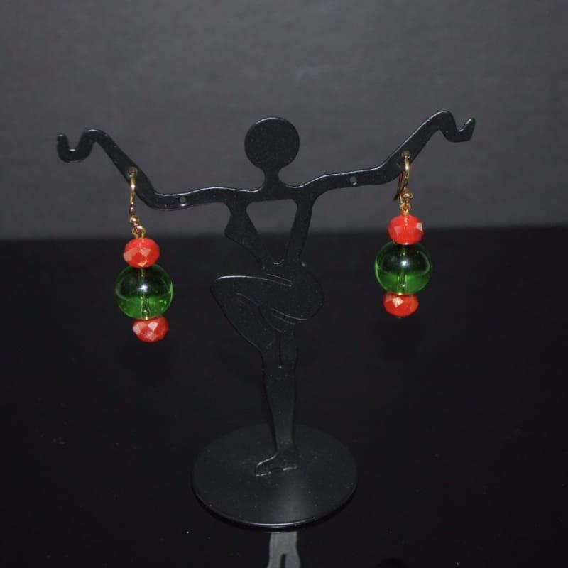 Green Quartz Red Crystal Dangle Earrings - Handmade