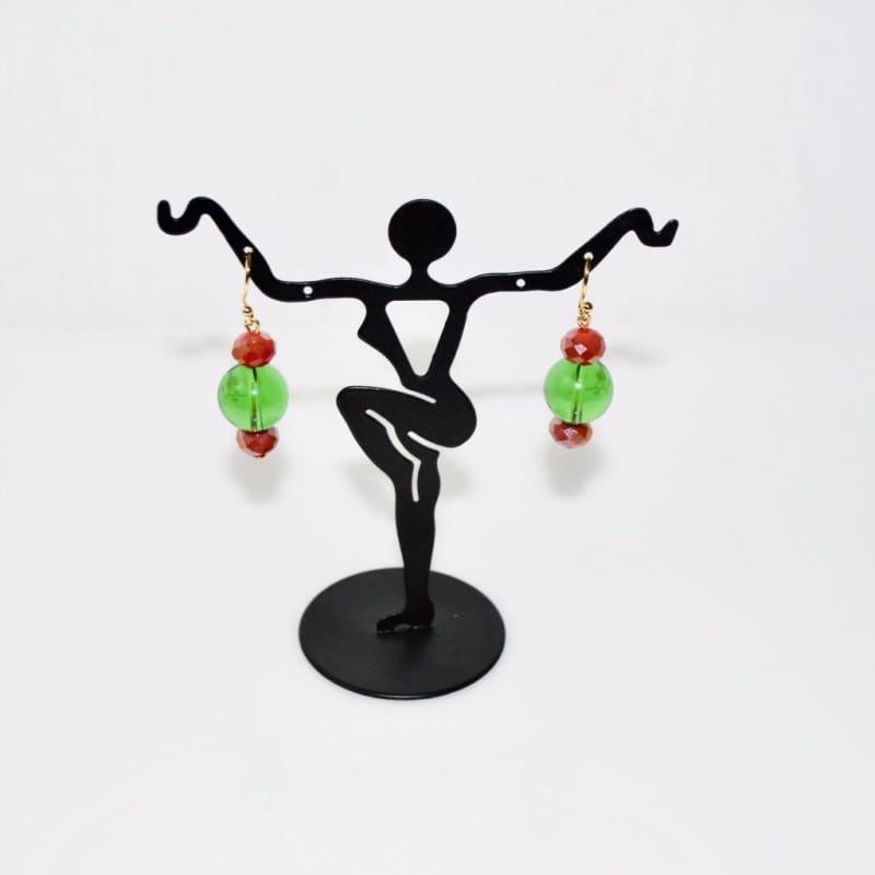 Green Quartz Red Crystal Dangle Earrings - Handmade