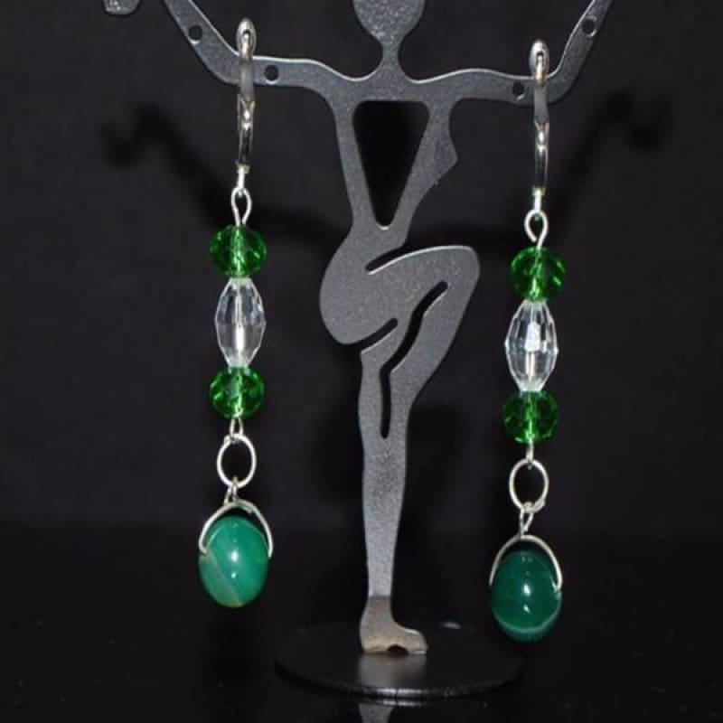 Green Stripe Agate Onyx Earrings - Handmade