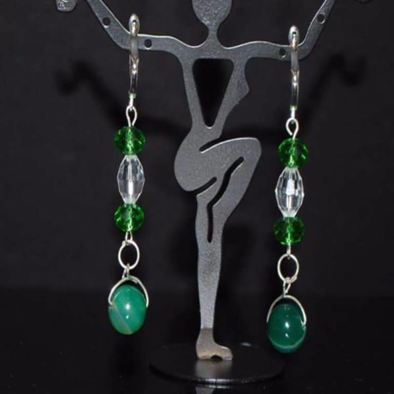 Green Stripe Agate Onyx Earrings - Handmade