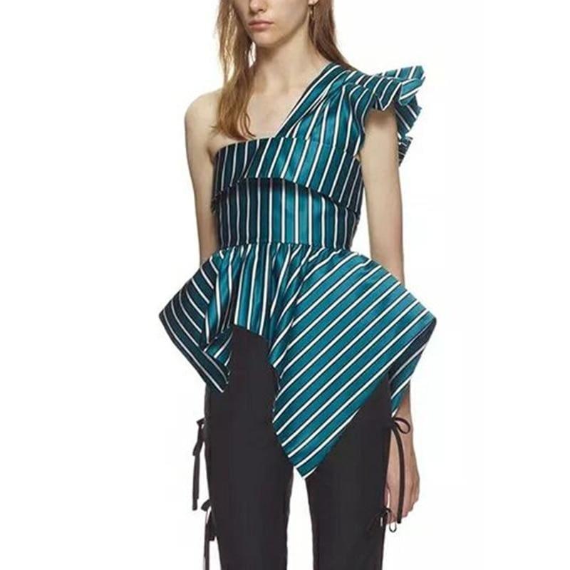 Green Striped Irregular Off Shoulder Ruffles Backless Tunic High Waist Zipper Blouse - Sleeveless