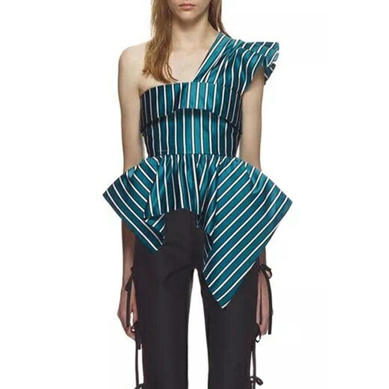 Green Striped Irregular Off Shoulder Ruffles Backless Tunic High Waist Zipper Blouse - Sleeveless