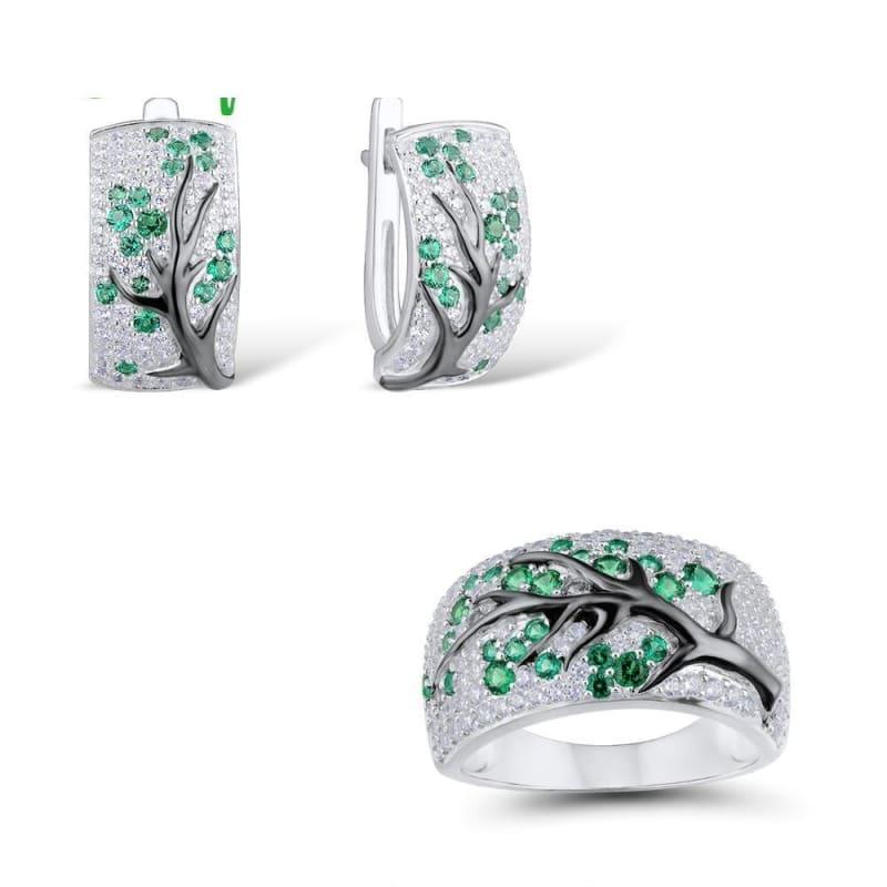 Green Tree Shiny Natural Green Stones Earrings Ring Set 925 Sterling Silver Delicate Fashion Jewelry - 6 - jewelry set