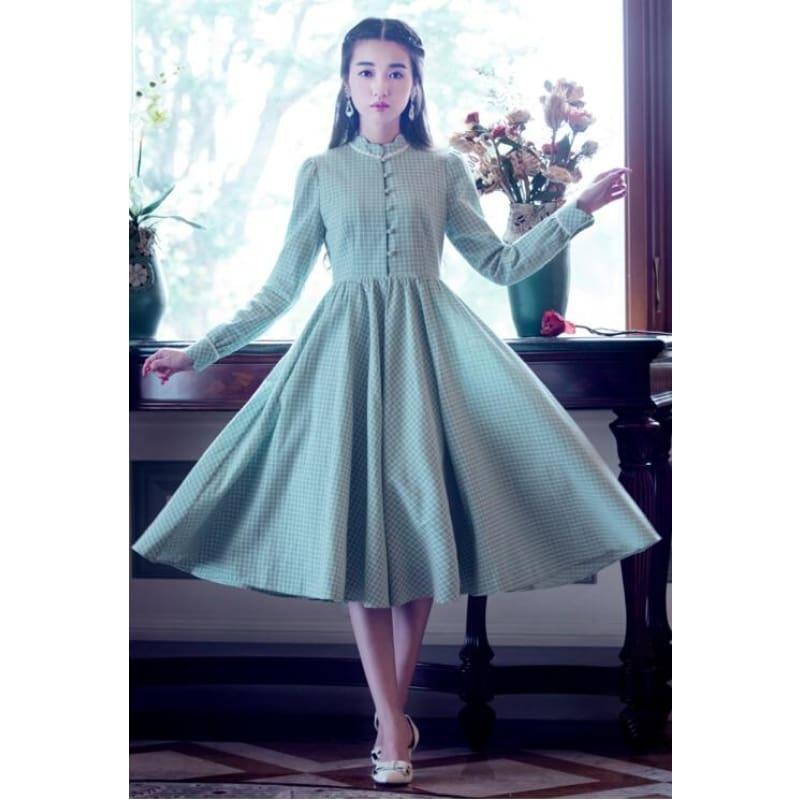 Green Vintage Retro High Collar Plaid Long Sleeve Cotton Linen Midi Dress - Green / S - Midi Dress