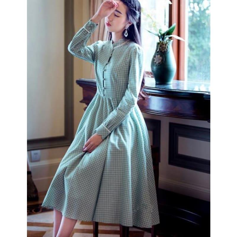 Green Vintage Retro High Collar Plaid Long Sleeve Cotton Linen Midi Dress - Midi Dress